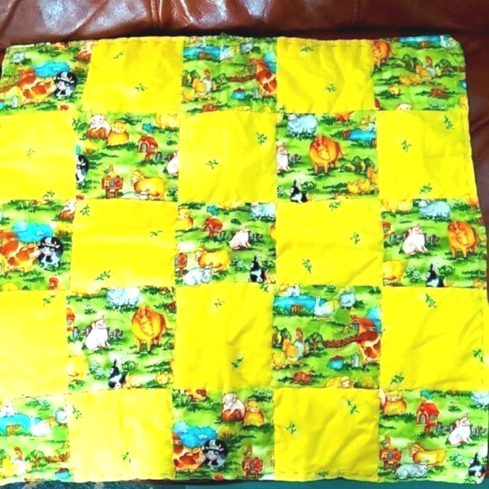 Vintage Miniature Handmade Yellow Farm Themed Quilt